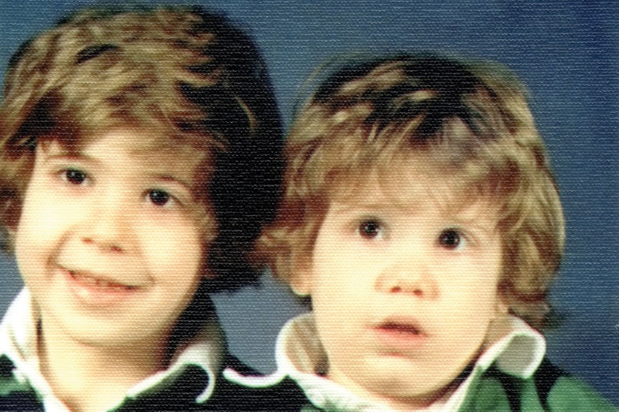 Justin Ishbia (left) at age 4, with his younger brother, Mat, in their preschool class photo. “We’d pretend to be stars and pretend to be the guy taking the shot at the buzzer,” Justin says