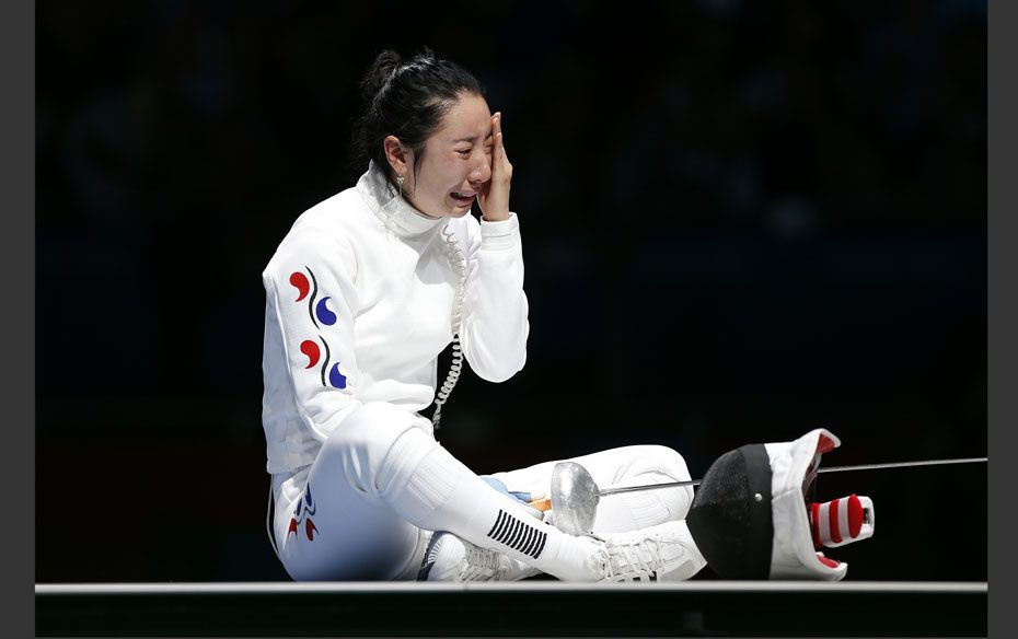 South Korea’s Shin A Lam reacts after being defeated by Germany’s Britta Heidemann (not 