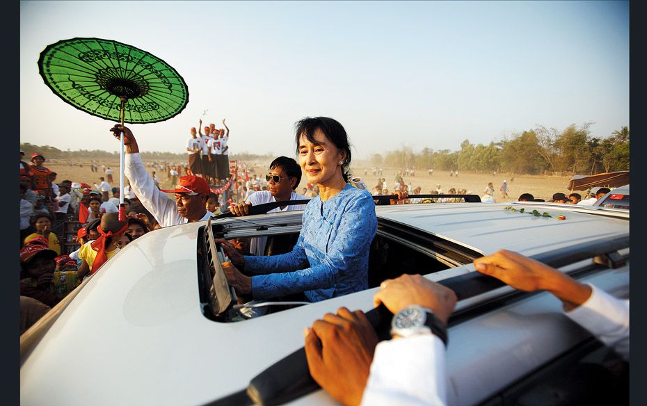 Myanmar leader Aung San Suu Kyi, finally released from her long house arrest, returns after giving a