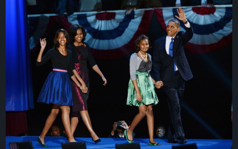 US President Barack Obama takes to the stage with his family after his victory in the 2012 US presid