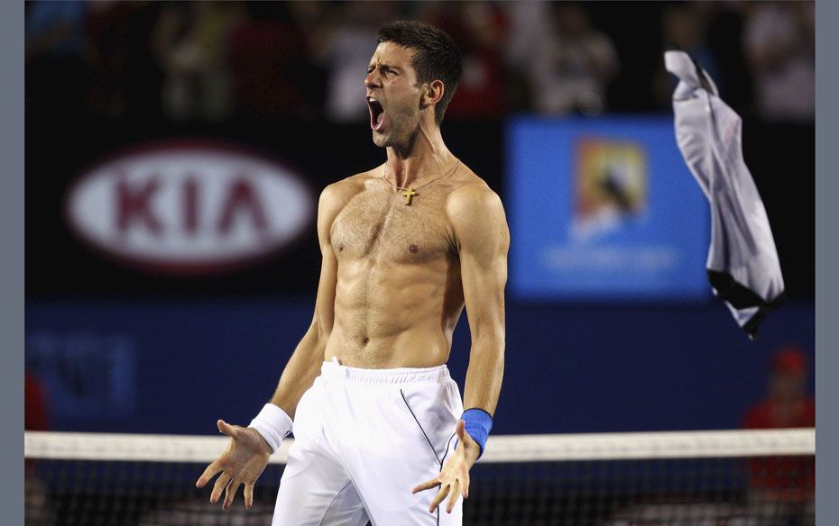 Novak Djokovic of Serbia celebrates after defeating Rafael Nadal of Spain in the men's singles f