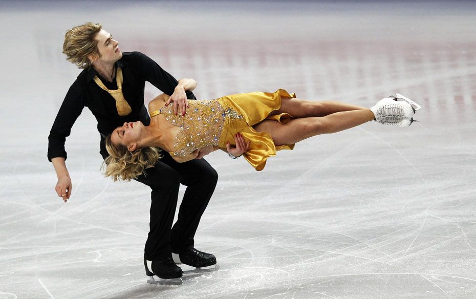 Pernelle Carron and Lloyd Jones of France perform during their ice dance, free dance routine at the 