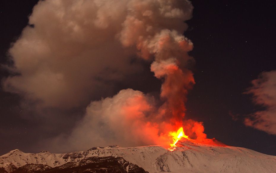 Mount Etna spews lava on the southern Italian island of Sicily. Mount Etna is Europe's tallest a