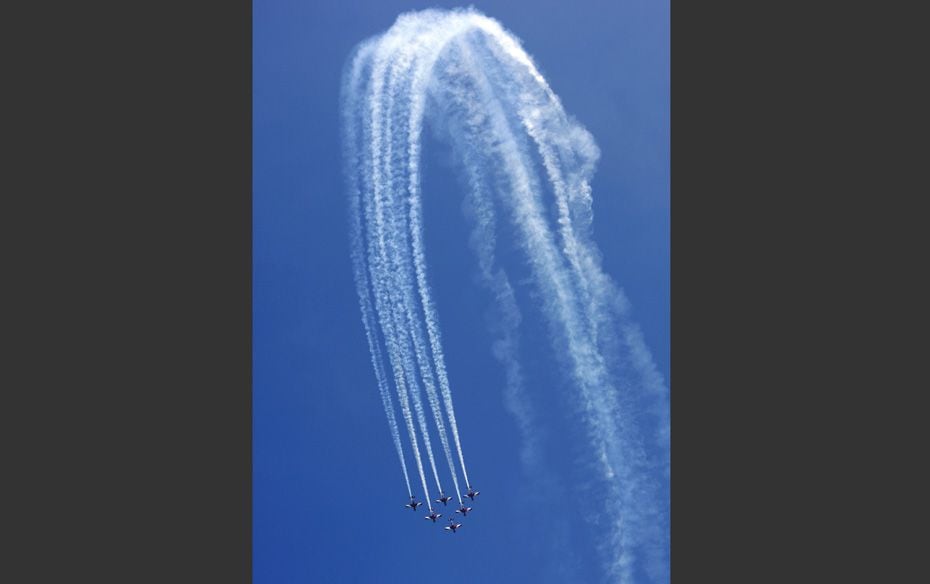 Royal Australian Air Force (RAAF) Roulettes aerobatic display team performs with their Pilatus PC-9 