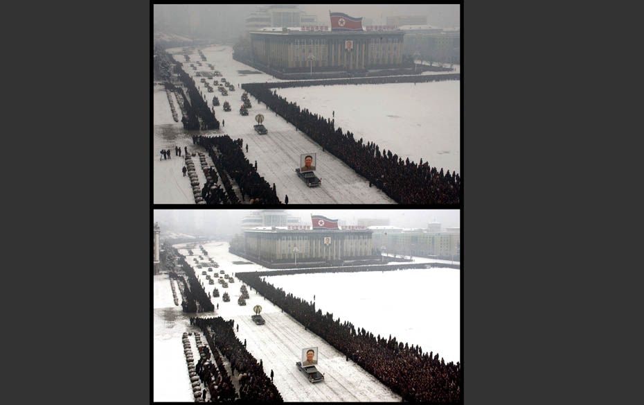 This combination picture of two handout images from KCNA shows a limousine with a portrait of late N