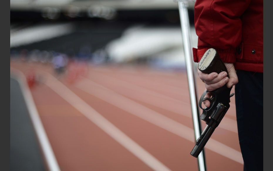 A starter's gun is seen before the start of the men's 200m race during the BUCS Outdoor Athl