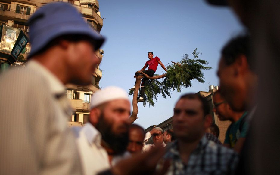 A protester sits on a tree as others argue during a protest in Tahrir square in Cairo               