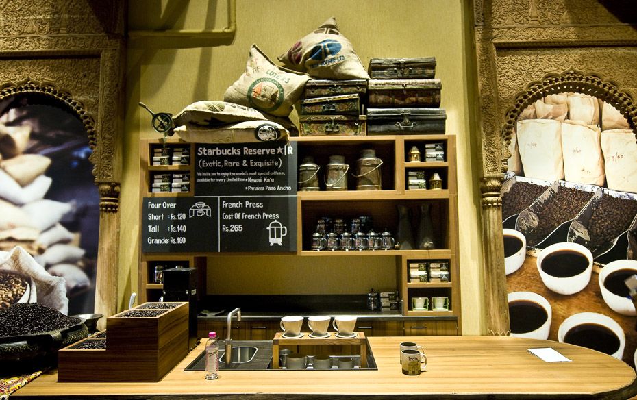 A side counter at the store. Notice the chests and Indian milk cans that have been seamlessly integr