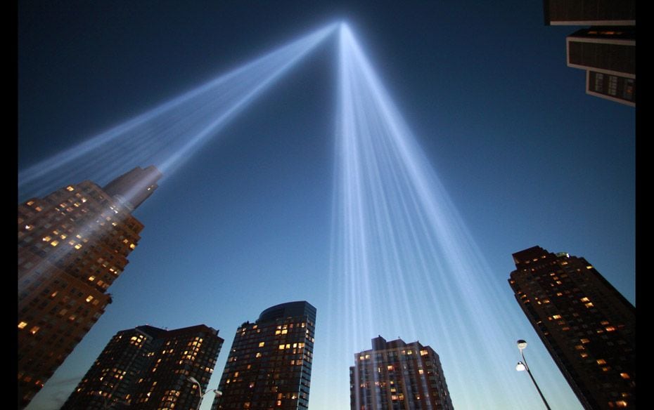 The Tribute in Light illuminates the sky over Lower Manhattan in  remembrance of the 9/11 attacks on