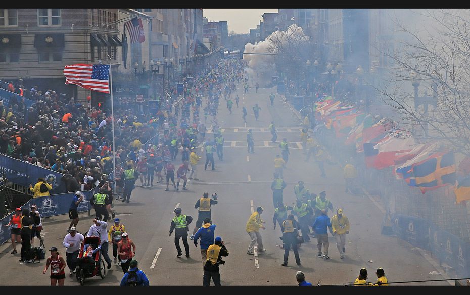 A second explosion goes off near the finish line of the 117th Boston Marathon on April 15           