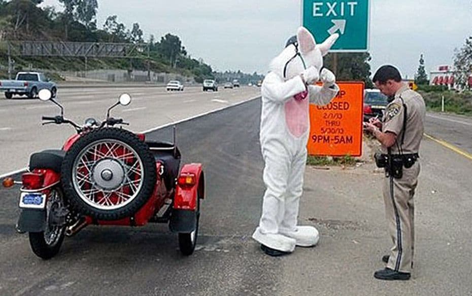 A man dressed as the Easter Bunny is given a warning by California Highway Patrol (CHP) Officer Adam