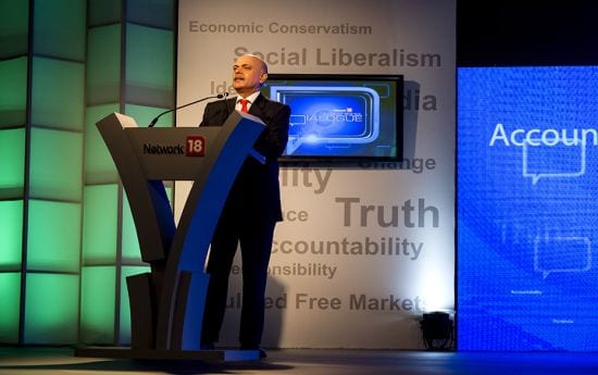 Raghav Bahl introducing Narendra Modi in the inaugural ThinkIndia Dialogue in the capital