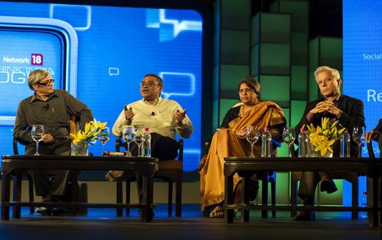 Swapan Dasgupta, senior journalist, making his point during the panel discussion as Bibek Debroy, pr