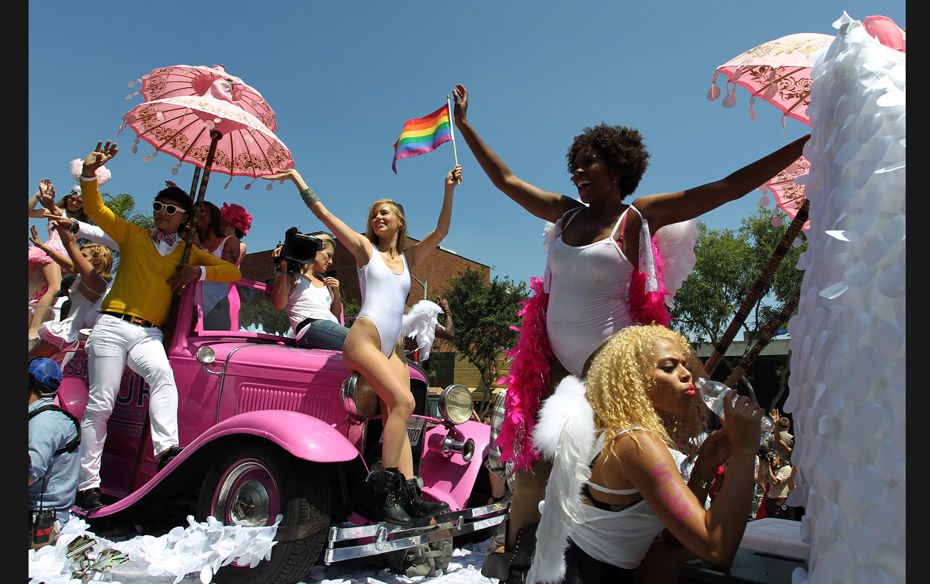 Women ride a float at the 43rd LA Pride Parade on June 9 in West Hollywood, California. More than 40