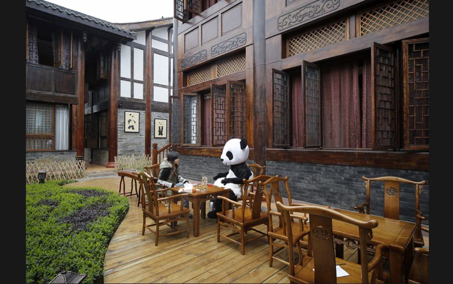 This picture taken on February 22 shows an employee wearing a panda suit talking to a woman at a pan