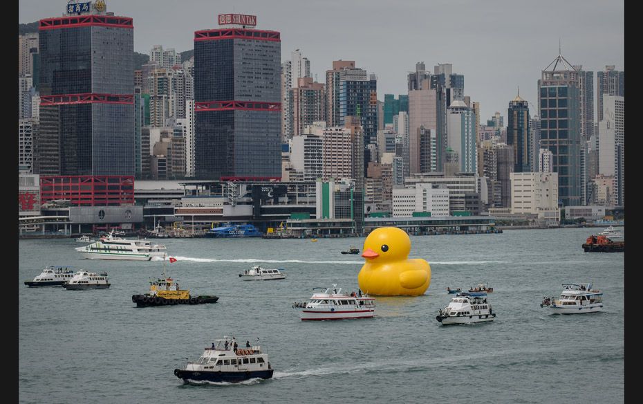 The 16.5-metre-tall inflatable Rubber Duck art installation is seen at the Victoria Harbour in Hong 