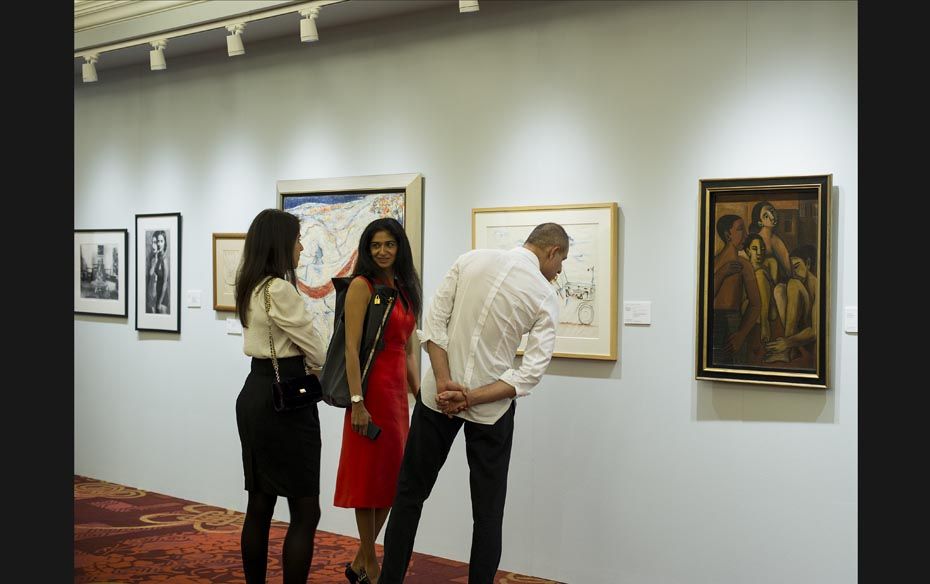 Guests at a viewing of the artworks, organised ahead of the Mumbai auction, at the Taj Mahal Hotel i