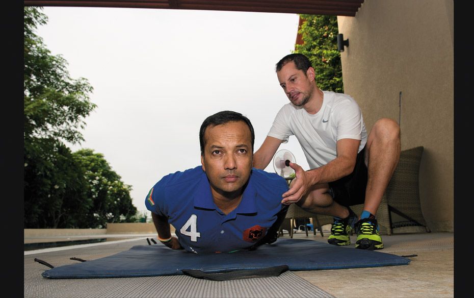 After his first round of exercises, Jindal returns to the villa for a set of exercises to strengthen