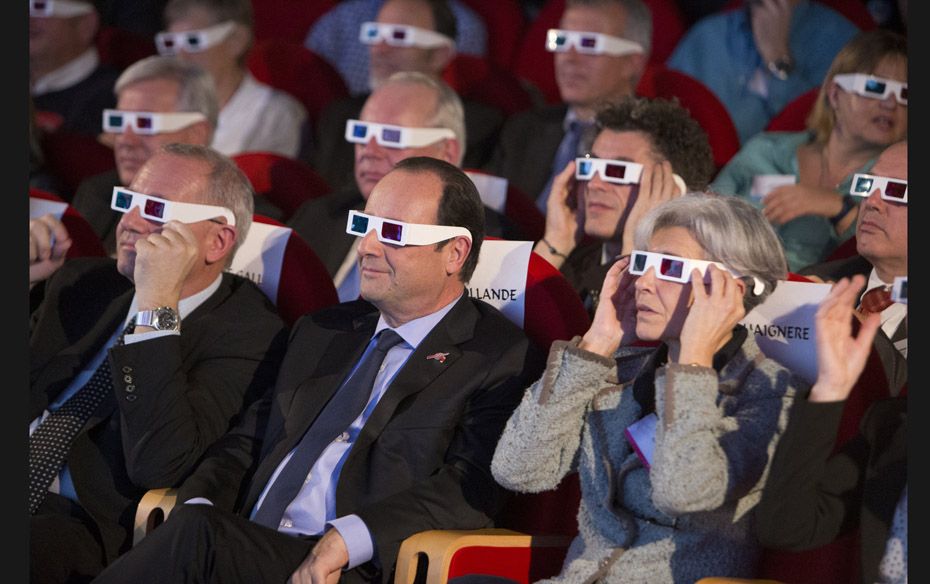 French National Centre for Space Studies president Jean-Yves Le Gall (left), French President Franco