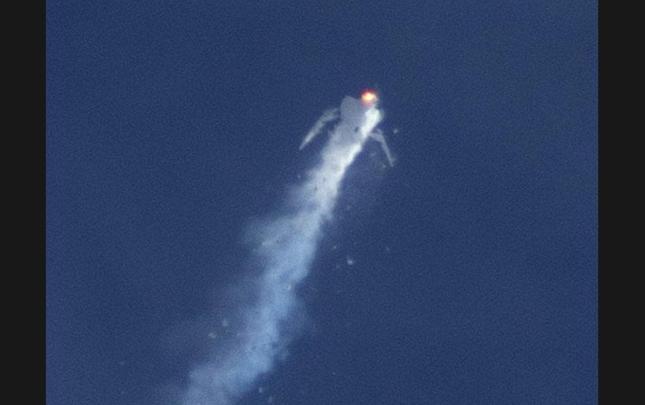 The Virgin Galactic SpaceShip Two rocket explodes mid-air during a test flight above the Mojave Dese