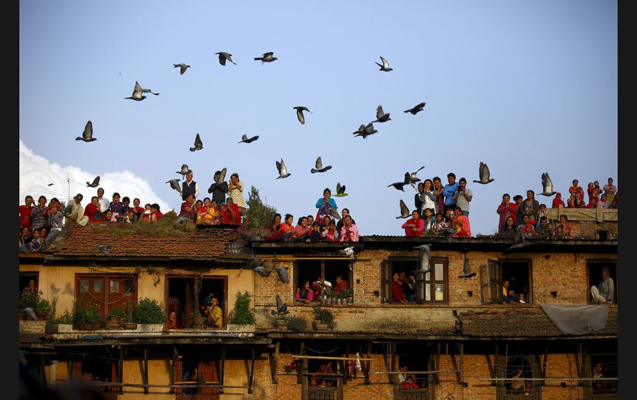 Pigeons fly past devotees gathering on the roof of the houses to observe religious rituals of Rato M