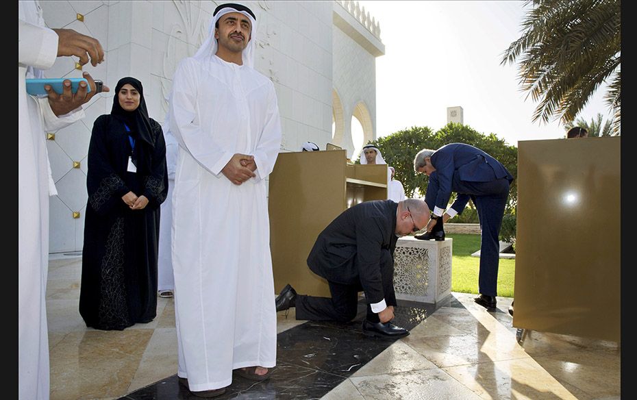 UAE Foreign Minister Abdullah bin Zayed Al Nahyan (left) waits as US Secretary of State John Kerry (