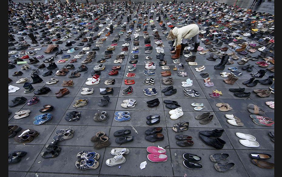 Pairs of shoes are symbolically placed at the Place de la Republique in Paris on November 29 after t