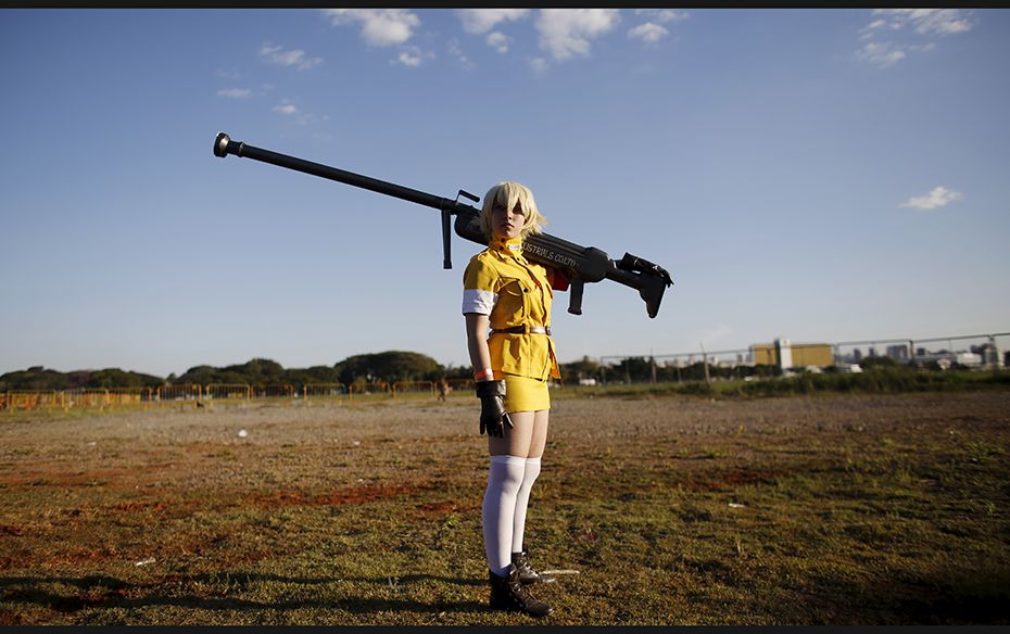 A cosplay enthusiast poses as Serasu Vikutoria of the Hellsing anime series during the "Anime F