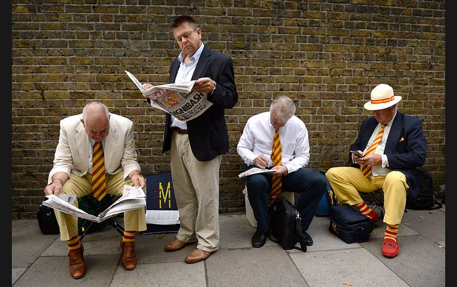 Marylebone Cricket Club members wait for gates to open before the second Ashes Test match between Au