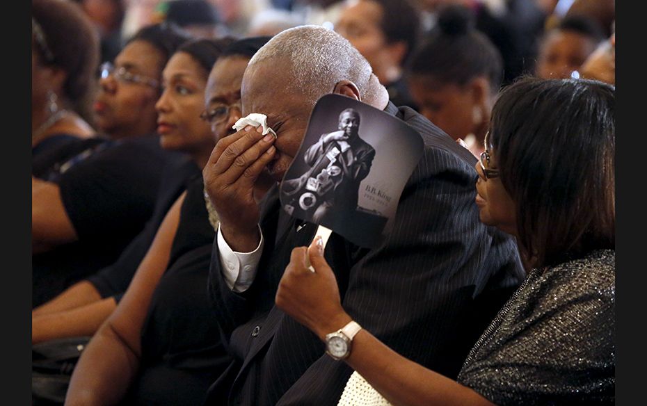 A family member cries during BB King's funeral in Indianola, Mississippi, on May 30. King, 89, w