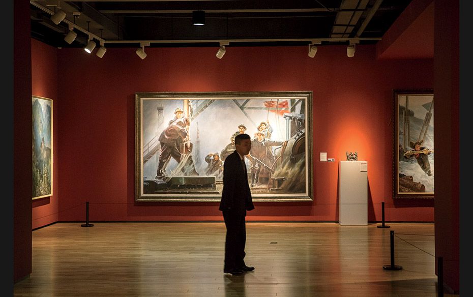 Factory workers handling heavy machinery in this painting look more vigorous than some of the museum