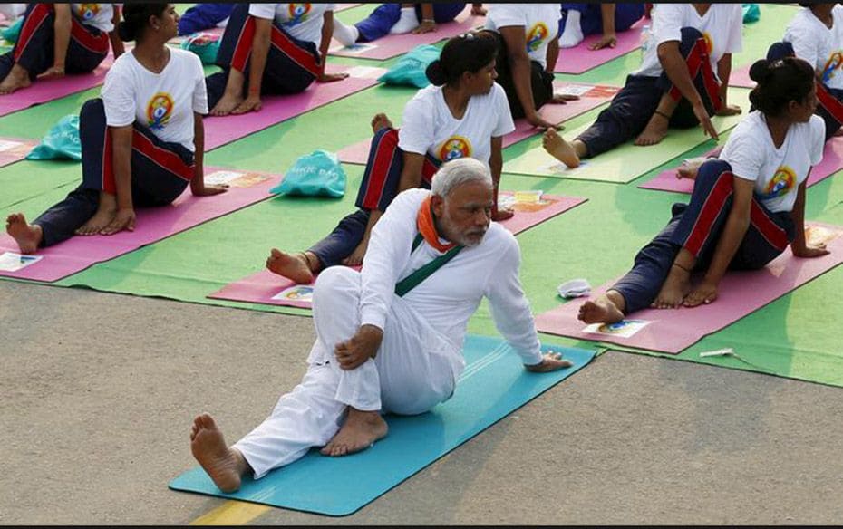 India’s Prime Minister Narendra Modi participates in a yoga session to mark International Day 