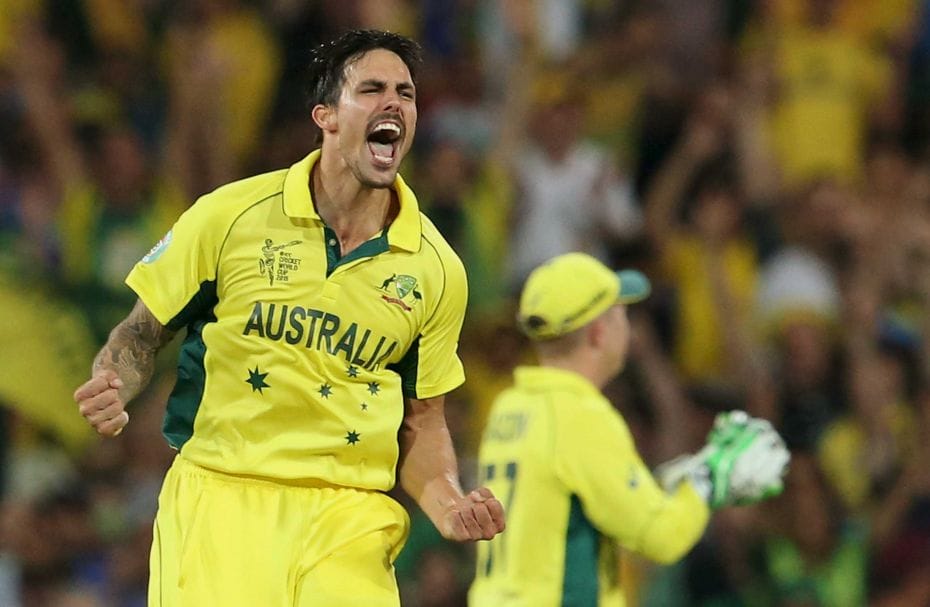 Australian fast bowler Mitchell Johnson exults after dismissing India’s Virat Kohli in the 201