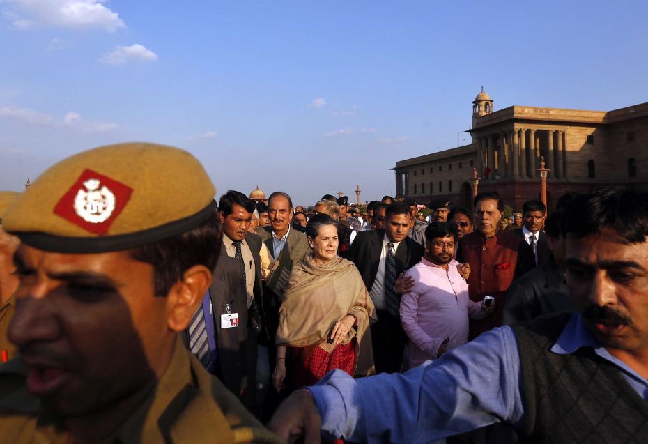  Congress party chief Sonia Gandhi (centre) on March 17 marches from Parliament to Rashtrapati 