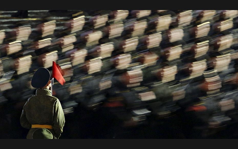 Russian servicemen at a Victory parade rehearsal in Moscow's Red Square on May 4. Russia will ce