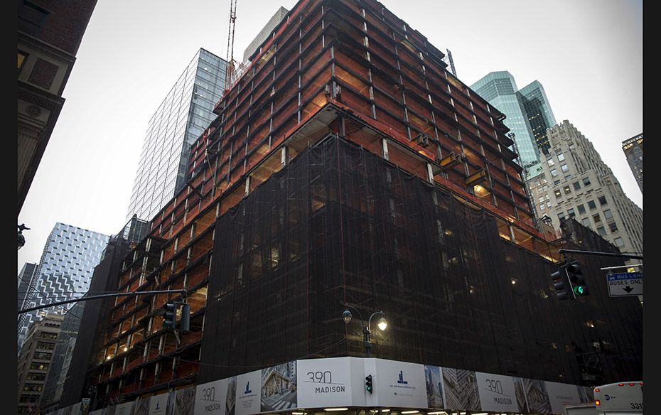 An exterior view of 390 Madison Avenue, an office building in midtown Manhattan in New York, that is