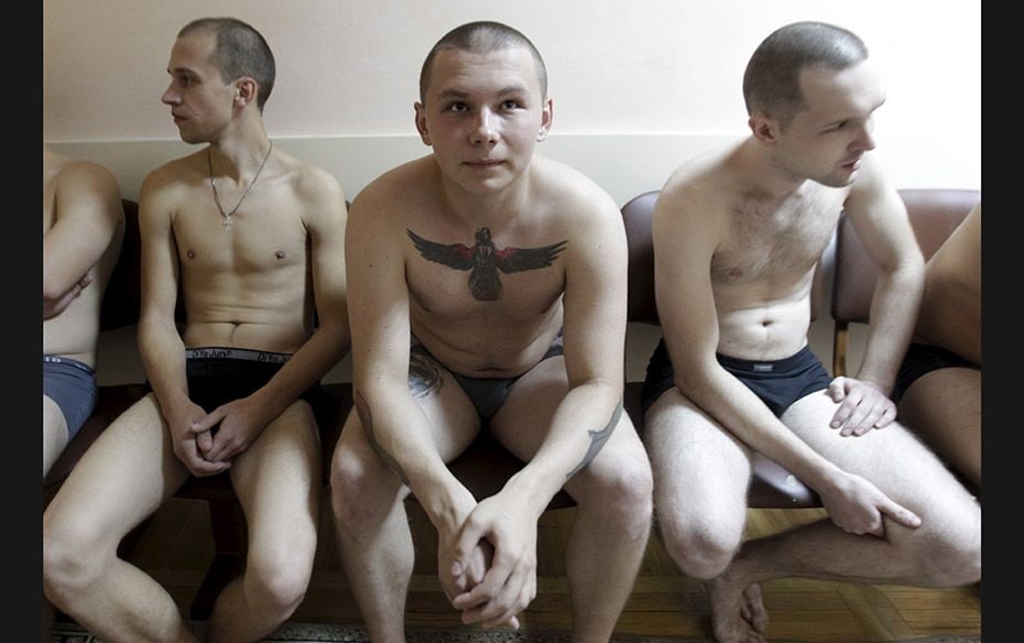 Military conscripts wait for medical tests at a recruiting station in Stavropol, Russia, on October 