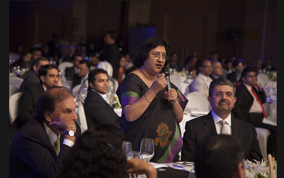 Arundhati Bhattacharya poses a question to Manish Sabharwal (not in the picture) on whether incremen