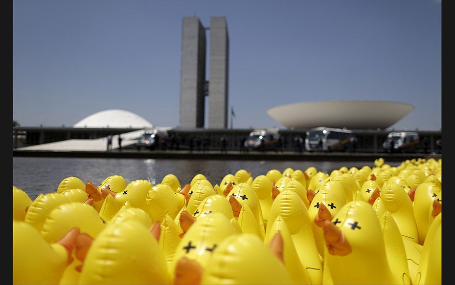 Inflatable ducks are seen in front of the National Congress during a protest against tax increases i