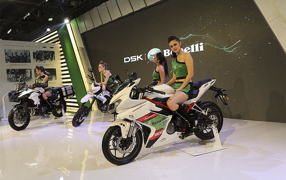 The DSK Benelli motorcycle counter at the press preview in Delhi