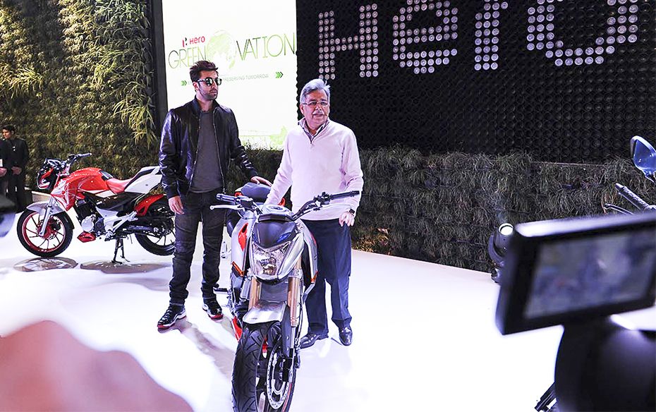 Actor Ranbir Kapoor and Pawan Munjal, MD & CEO, Hero MotoCorp, at the launch of Hero's new m