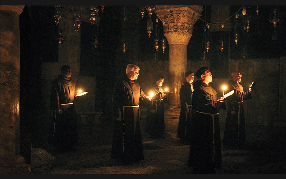 Palestine Greek Orthodox monks at the Church of the Nativity in 2005. Christians monks from differen