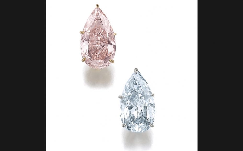 A Pair of Important Pear-Shaped Fancy Blue and Fancy Orangy Pink Diamond Earrings, 8.85 and 8.79 car