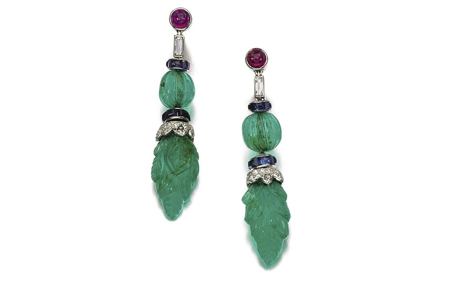 Pair of gem set and diamond ear clips, 'Tutti Frutti', Cartier, circa 1925Estimate: CHF 75,0