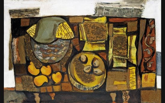 ‘Still Life with Mangoes’ (1961), oil, sticks and stones on canvas pasted on plyboard[KG