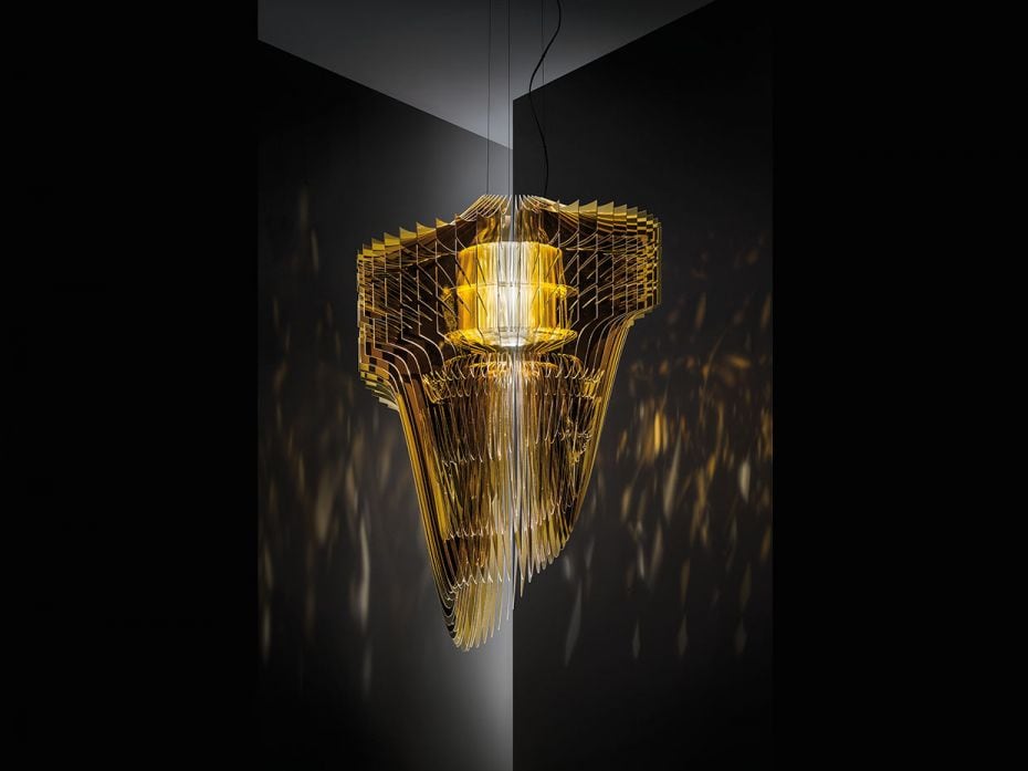 Aria Gold by Zaha HadidZaha Hadid’s unique lamp piece is brought by Slamp of Italy. Its fluid 