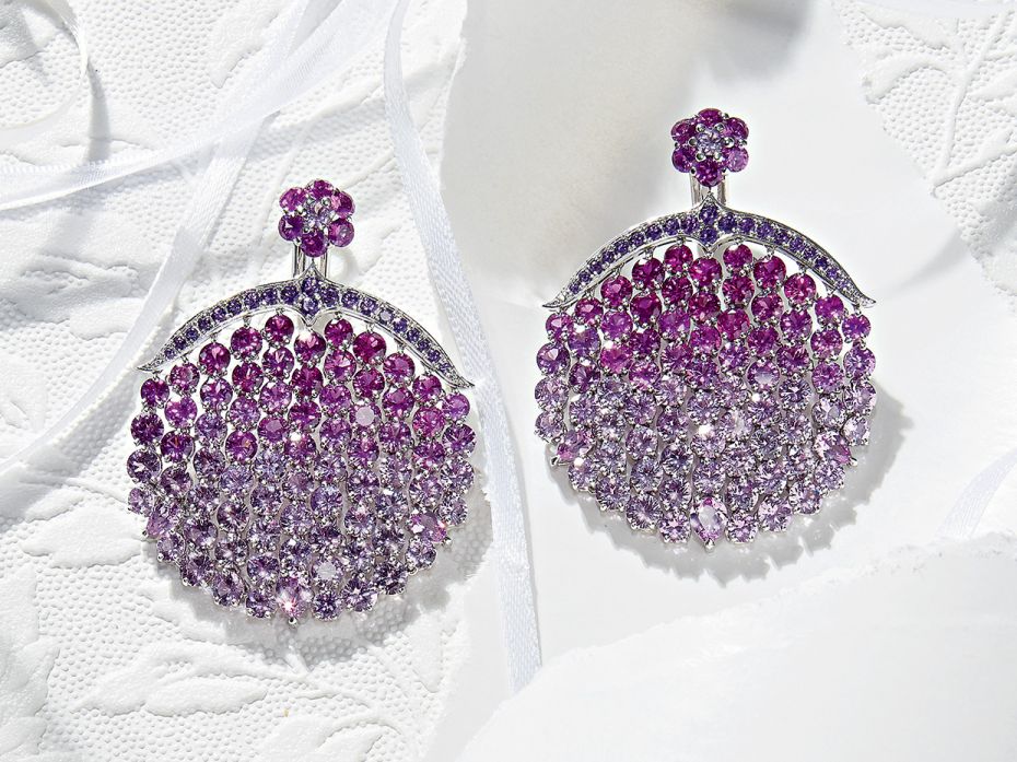 High jewellery collection earrings with pink sapphires and amethysts set in 18k white gold by Chopar