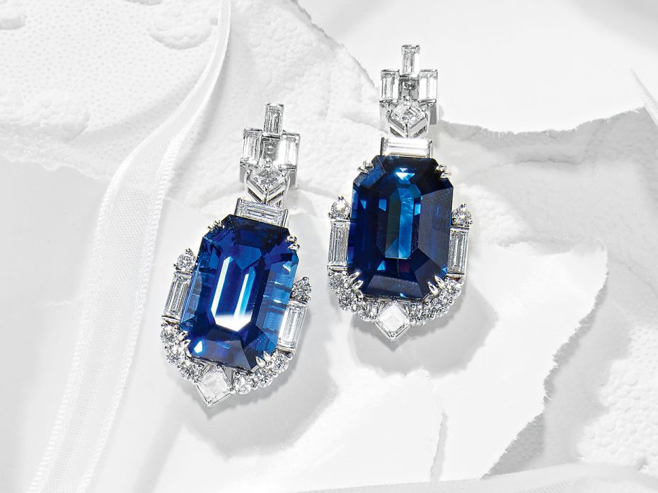 Emerald-cut sapphire earrings with diamonds by Harry Winston (price upon request)                   