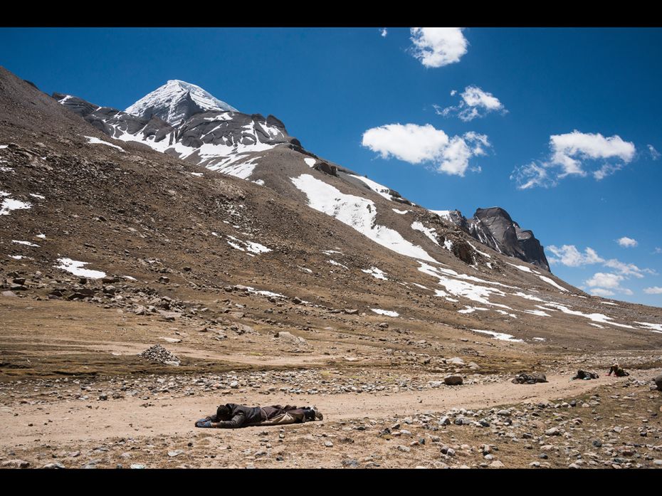 Tibetan buddhists circumambulate Mount Kailash performing full body prostrations along the way. It t