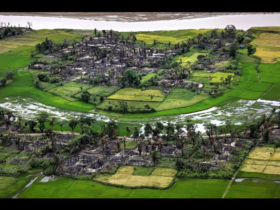 The remains of a burned Rohingya village is seen in this aerial photograph near Maungdaw, north of R